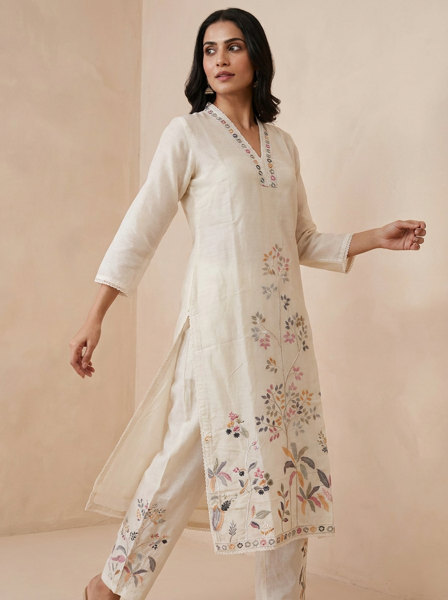 Saantha Signature|Cream Silk Embroidery Kurta Set