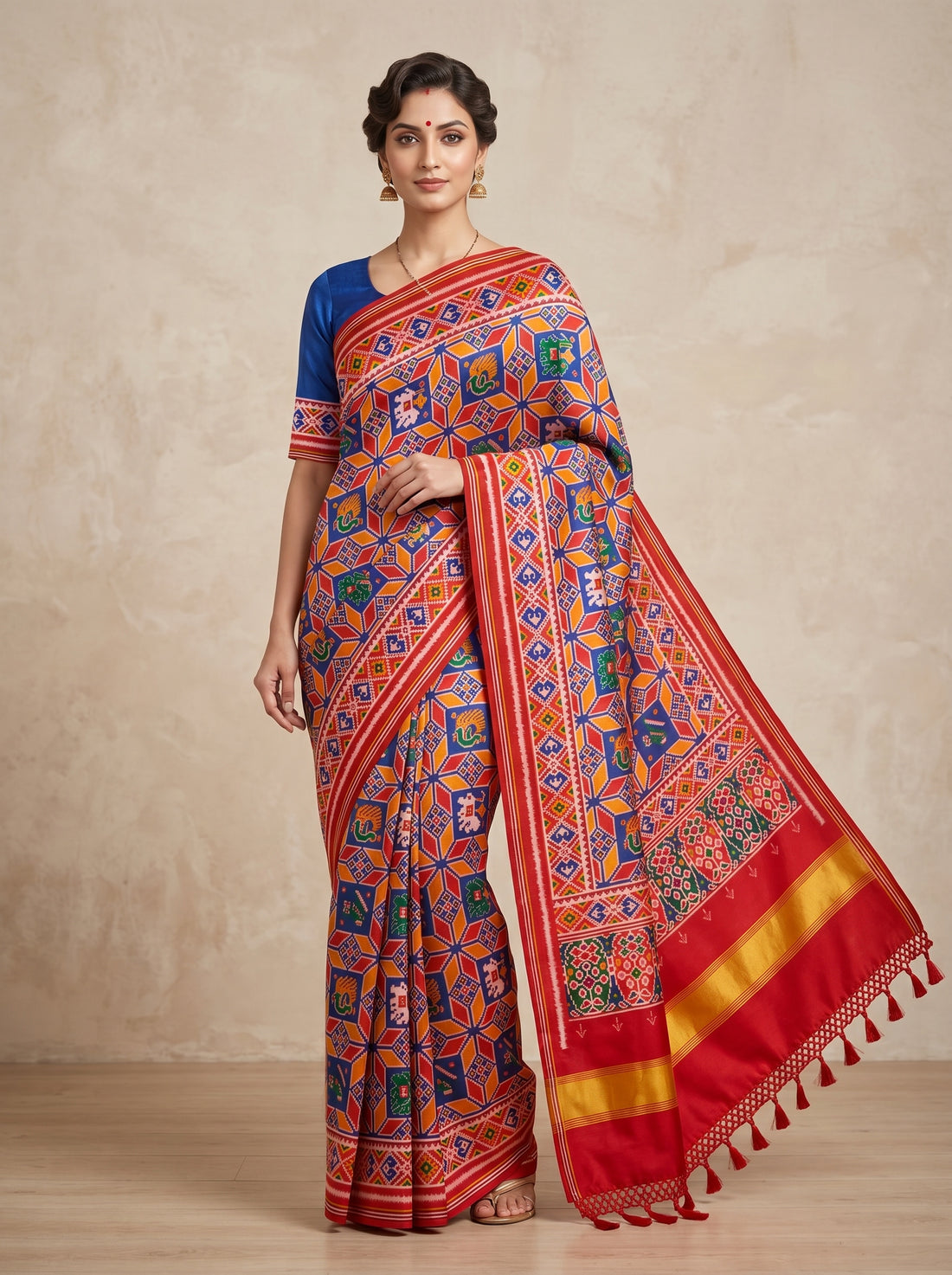 Saantha Signature|Blue Orange Patola Silk Print Saree