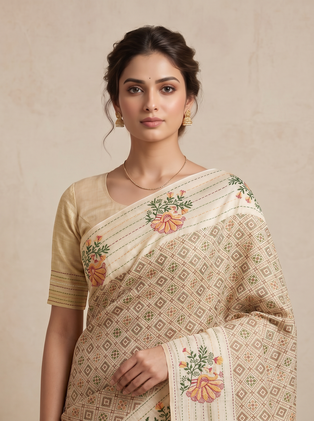 Saantha Signature|Cream Cotton Print Saree