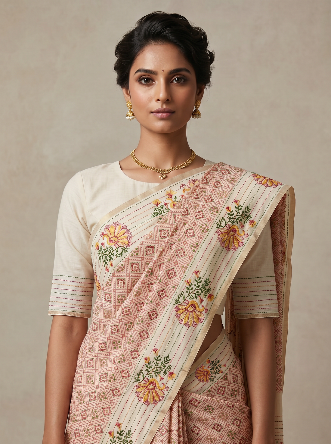 Saantha Signature|Light Orange Cotton Silk Embroidery Saree