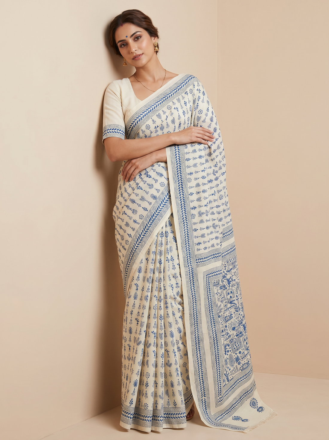 Saantha Signature|White Blue Tussar Silk Hand Embroidery Saree