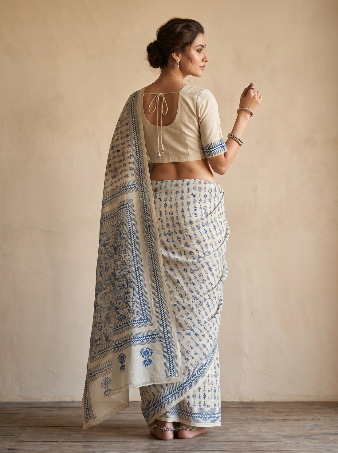 Saantha Signature|White Blue Tussar Silk Hand Embroidery Saree