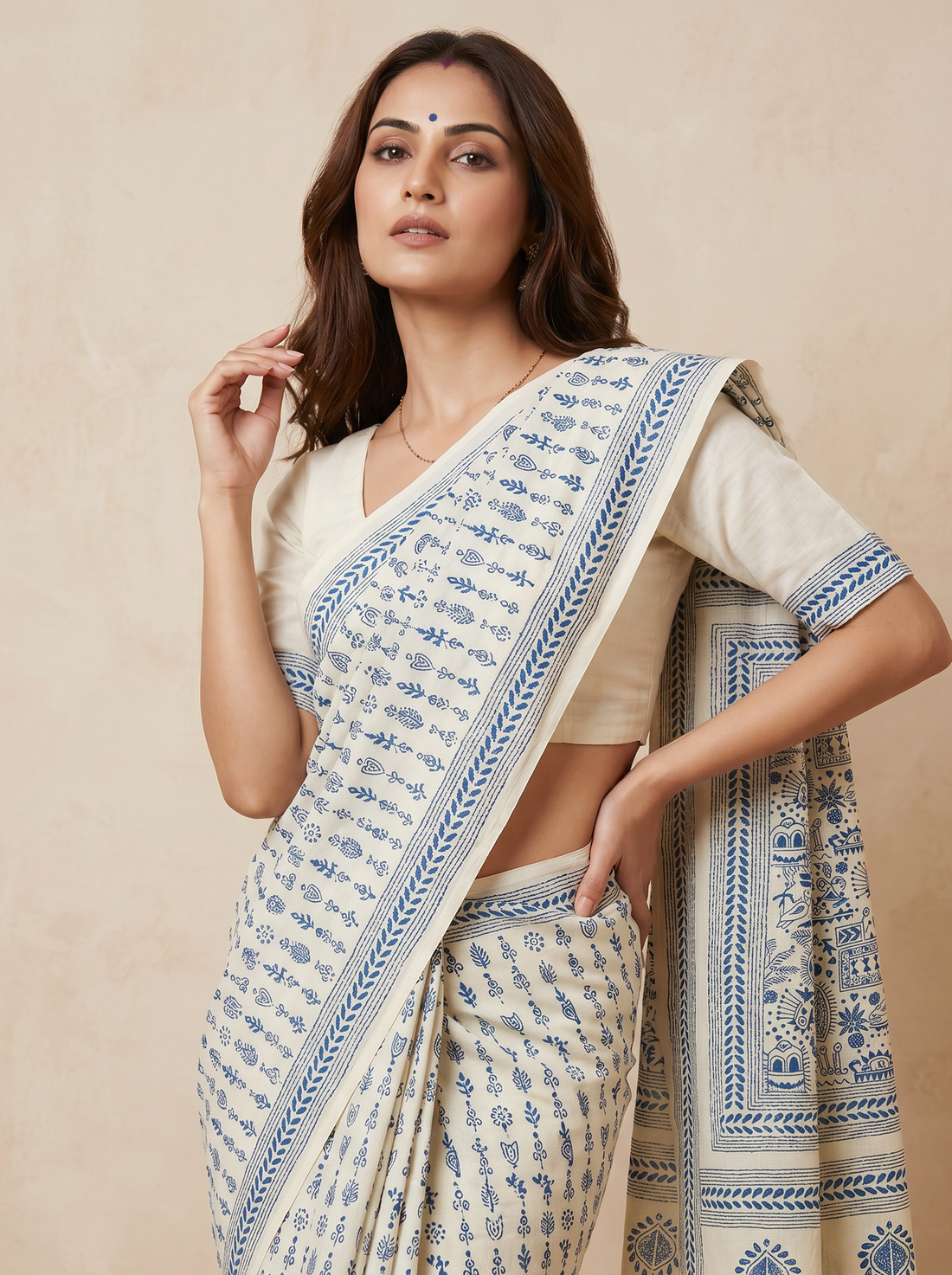 Saantha Signature|White Blue Tussar Silk Hand Embroidery Saree