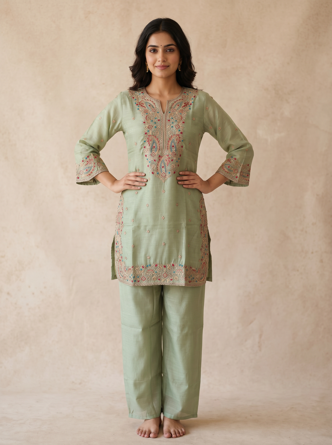 Saantha Signature|Light Green Silk Embroidery Kurta Set