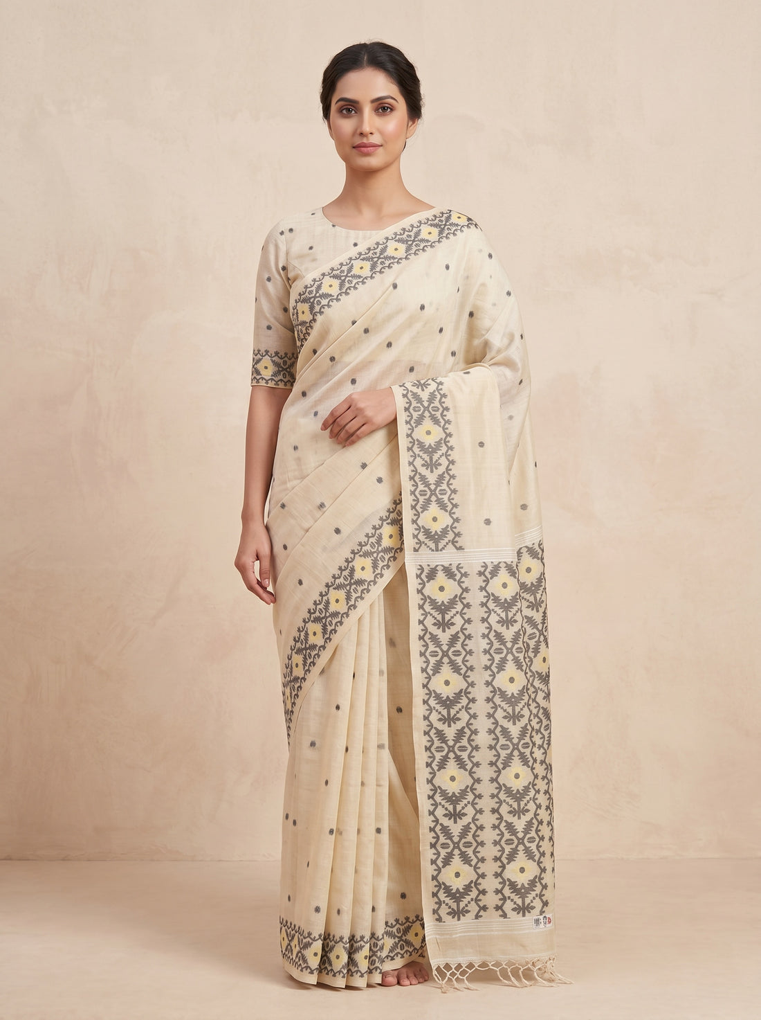 Cream Black Pure Silk Weave Saree