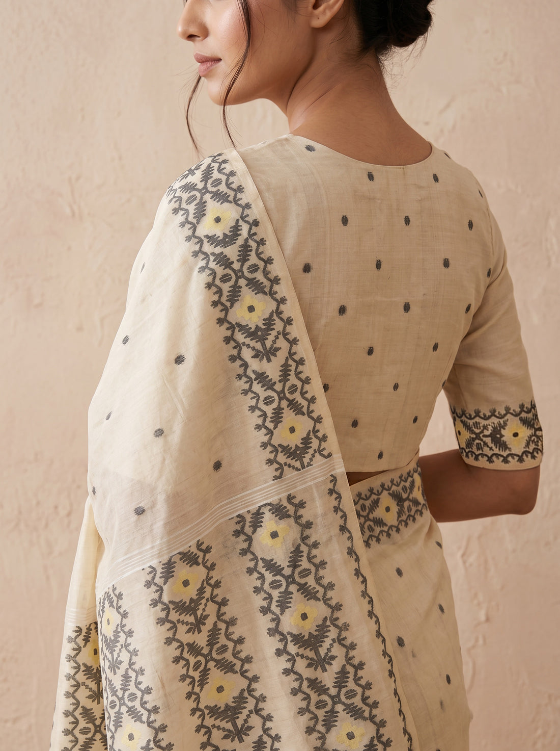 Cream Black Pure Silk Weave Saree