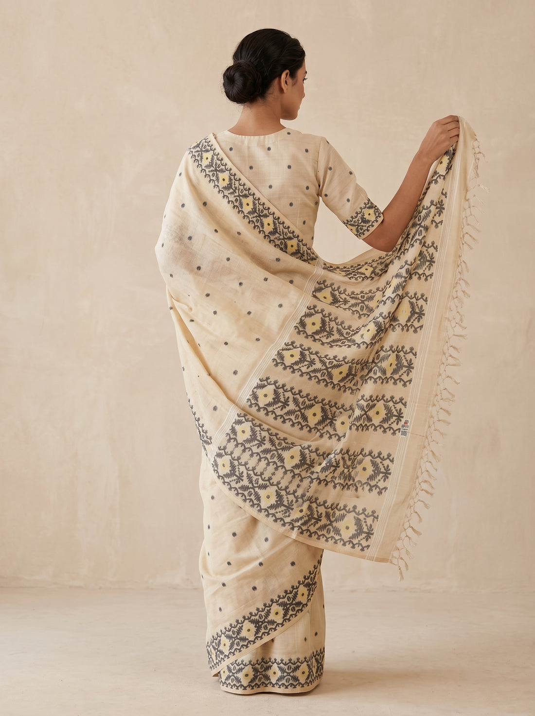 Cream Black Pure Silk Weave Saree