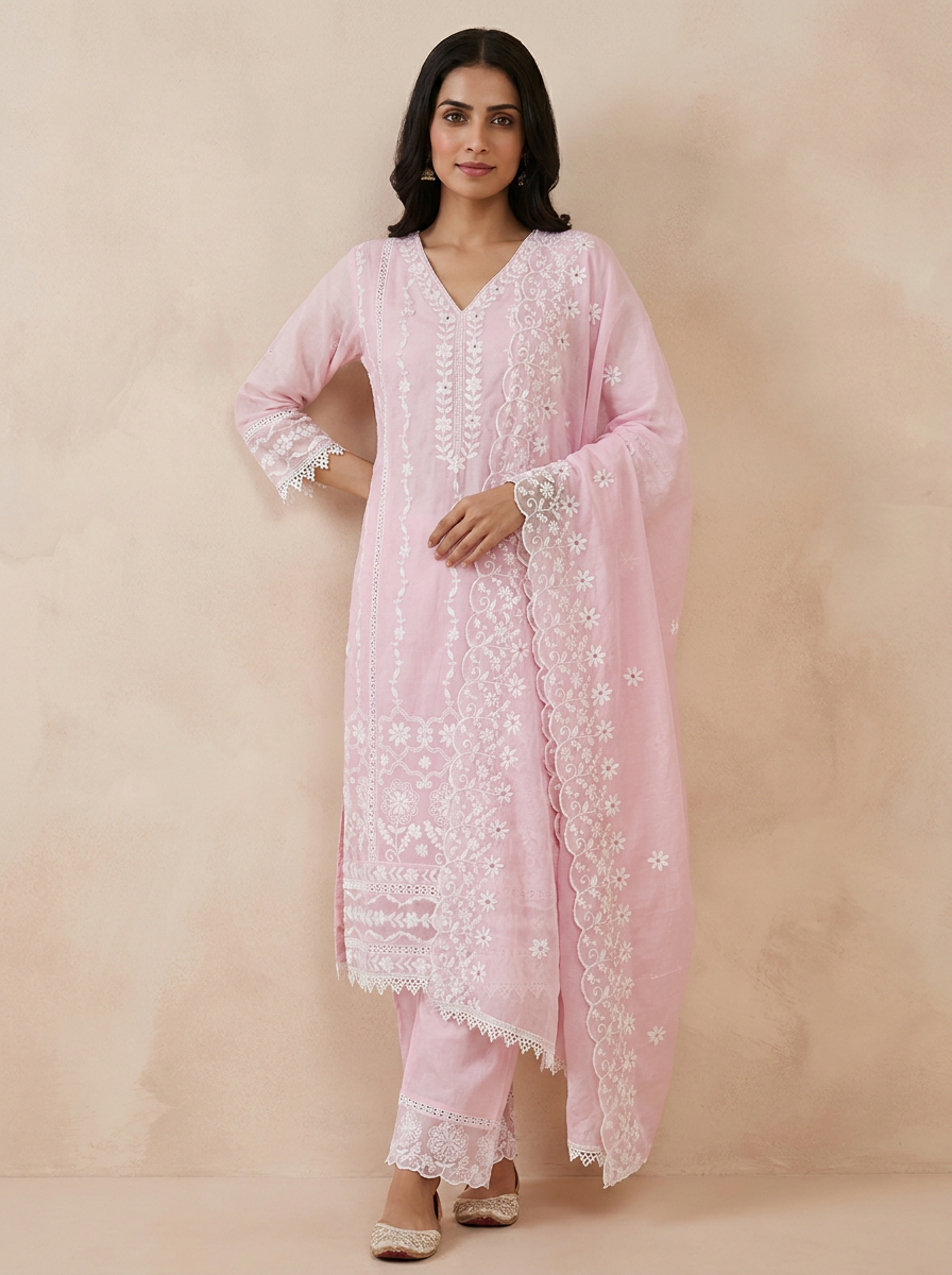 Saantha Signature|Pink Cotton Embroidery Kurta Set