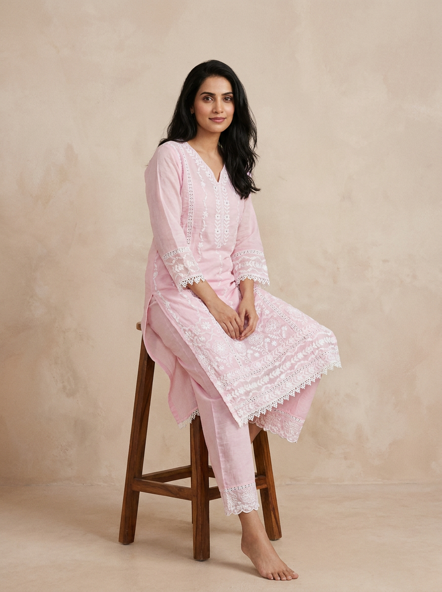 Saantha Signature|Pink Cotton Embroidery Kurta Set