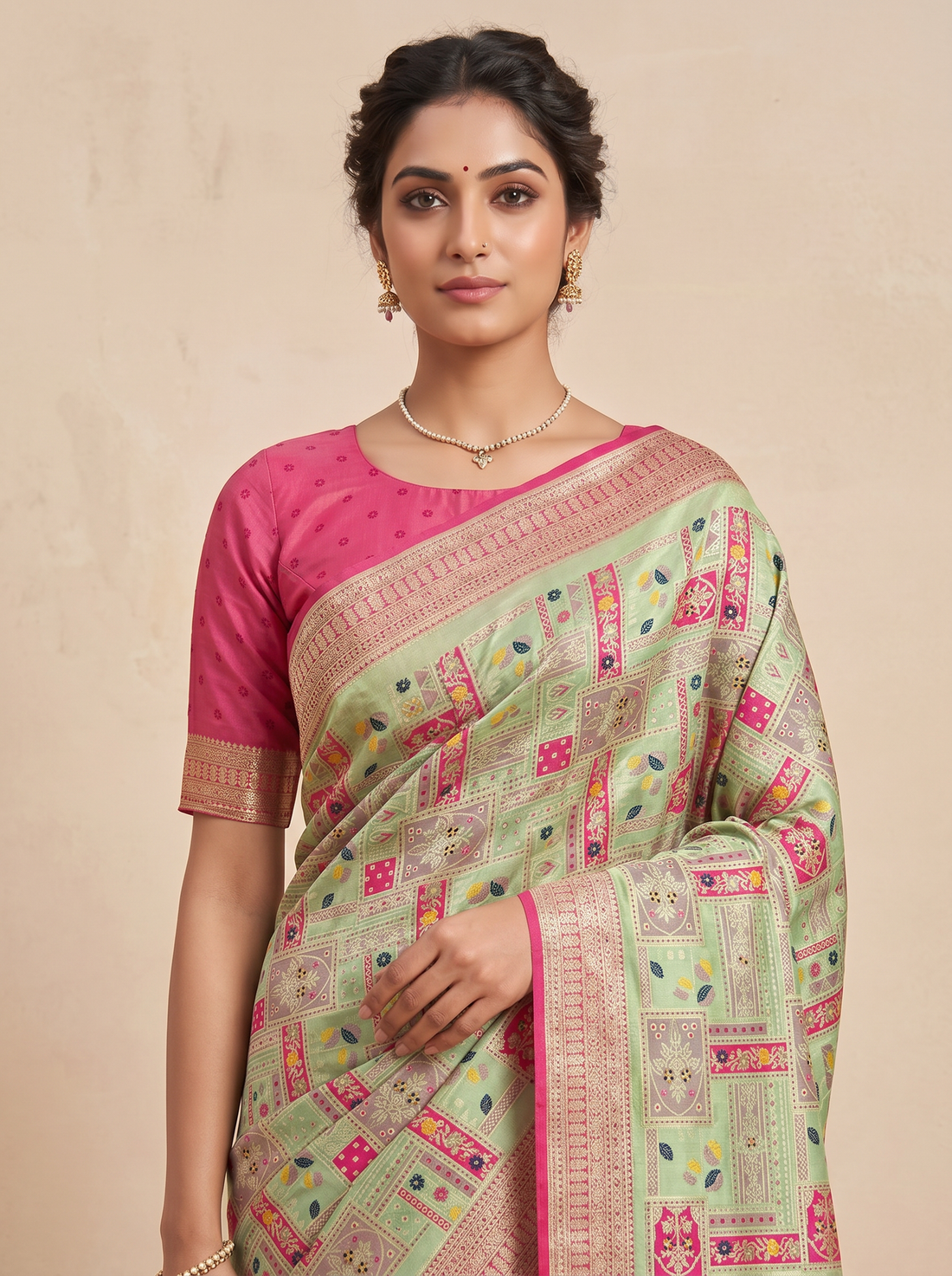 Saantha Signature|Red Green Cotton Silk Print Saree