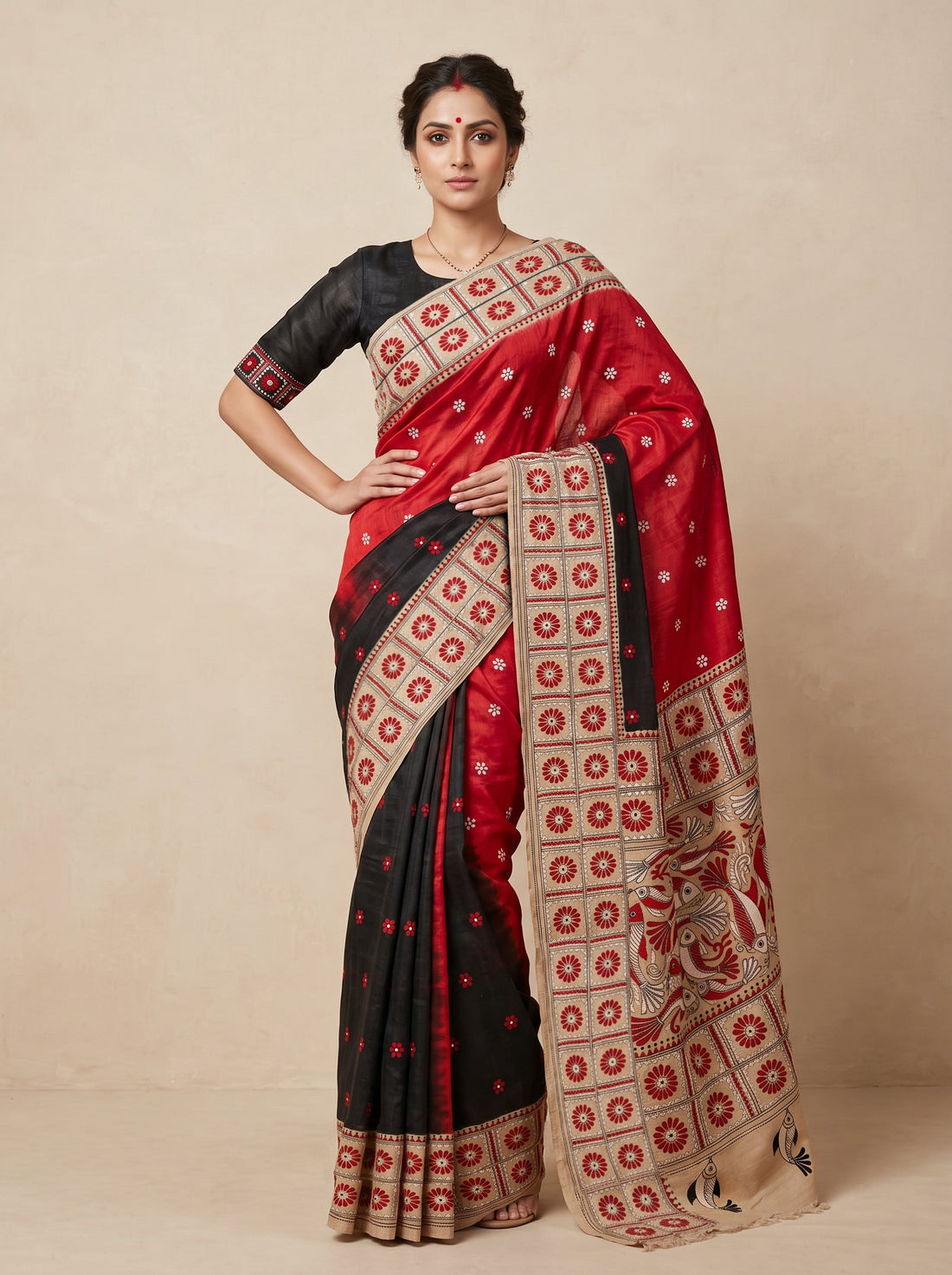 Saantha Signature|Black Red Pure Silk Hand Embroidery Saree