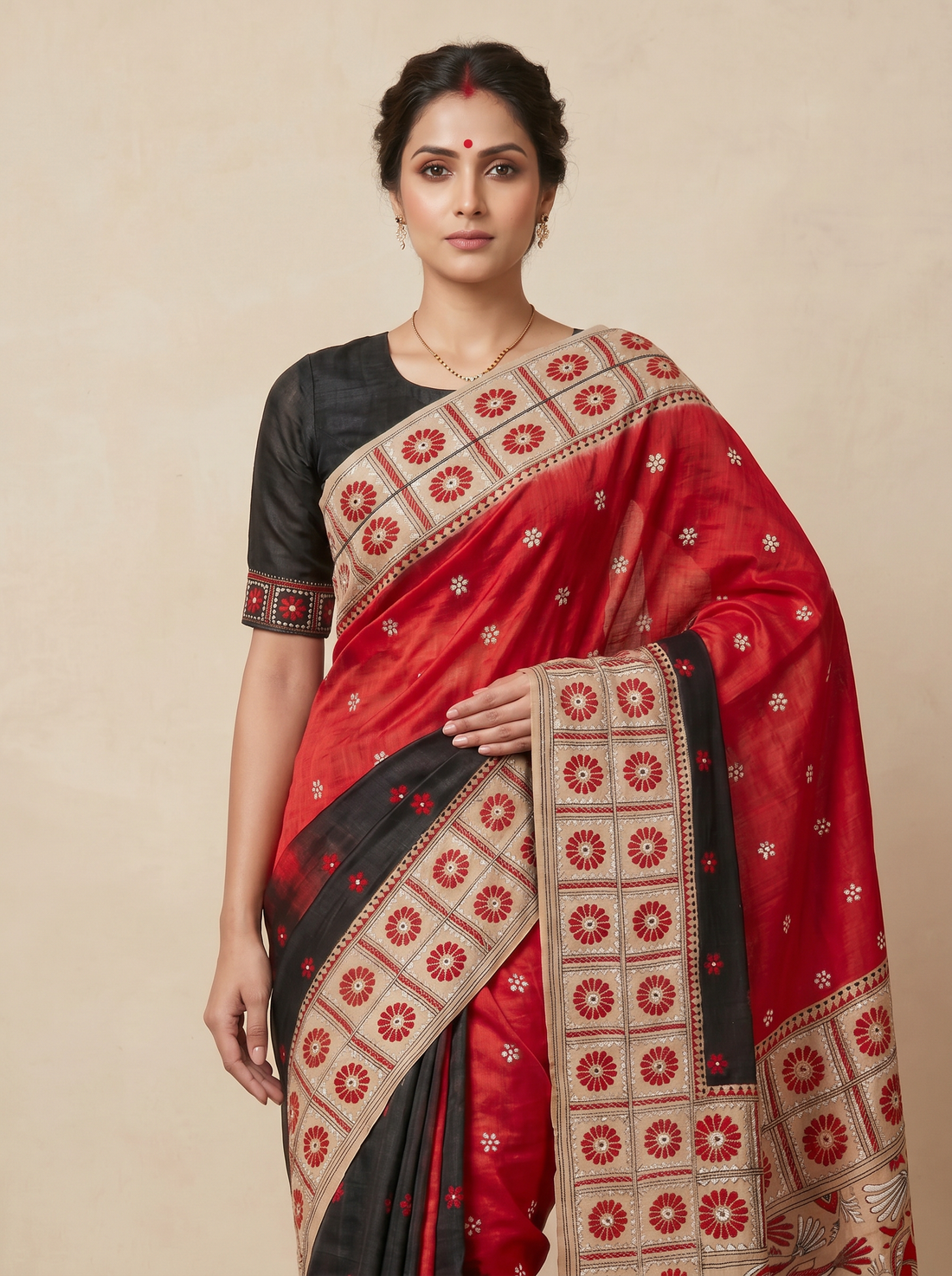 Saantha Signature|Black Red Pure Silk Hand Embroidery Saree