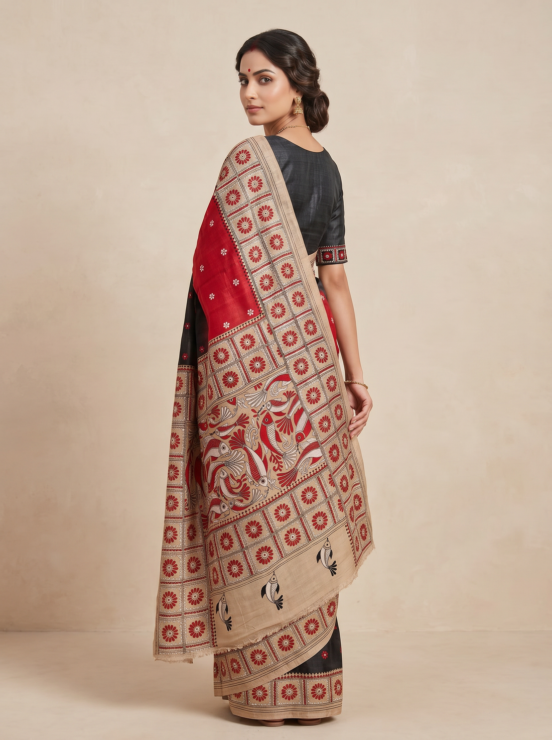 Saantha Signature|Black Red Pure Silk Hand Embroidery Saree