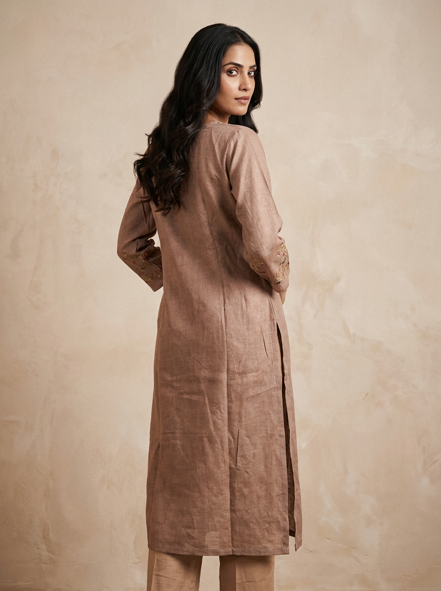 Saantha Signature|Brown Linen Embroidery Kurta Set