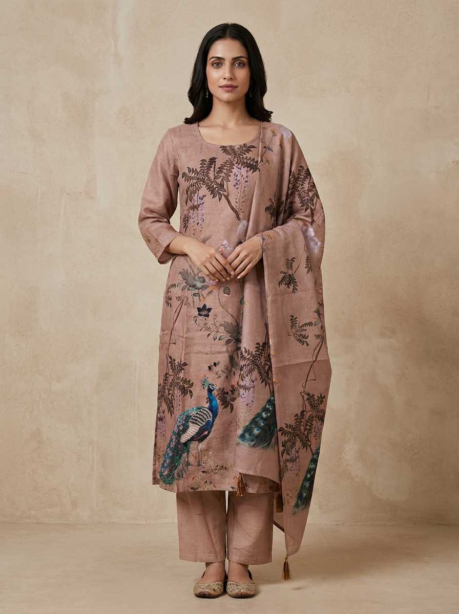 Saantha Signature|Brown Linen Embroidery Kurta Set