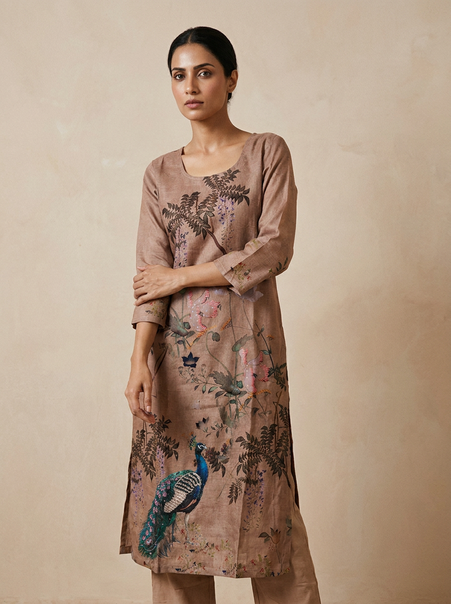 Saantha Signature|Brown Linen Embroidery Kurta Set