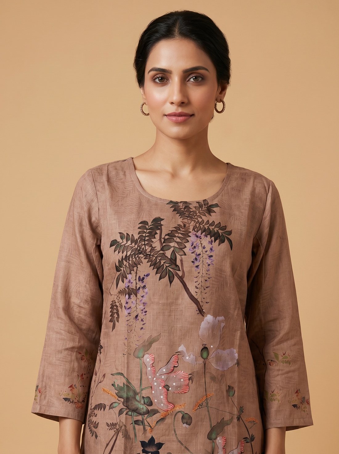 Saantha Signature|Brown Linen Embroidery Kurta Set
