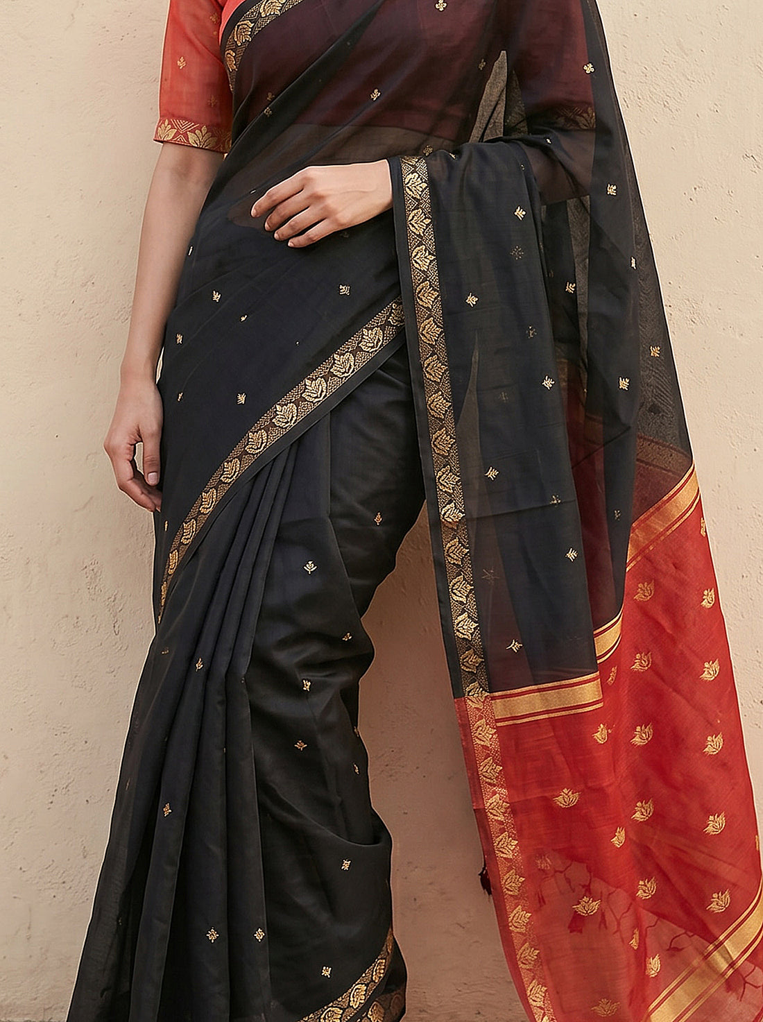 Black Red Linen Silk Weave Saree