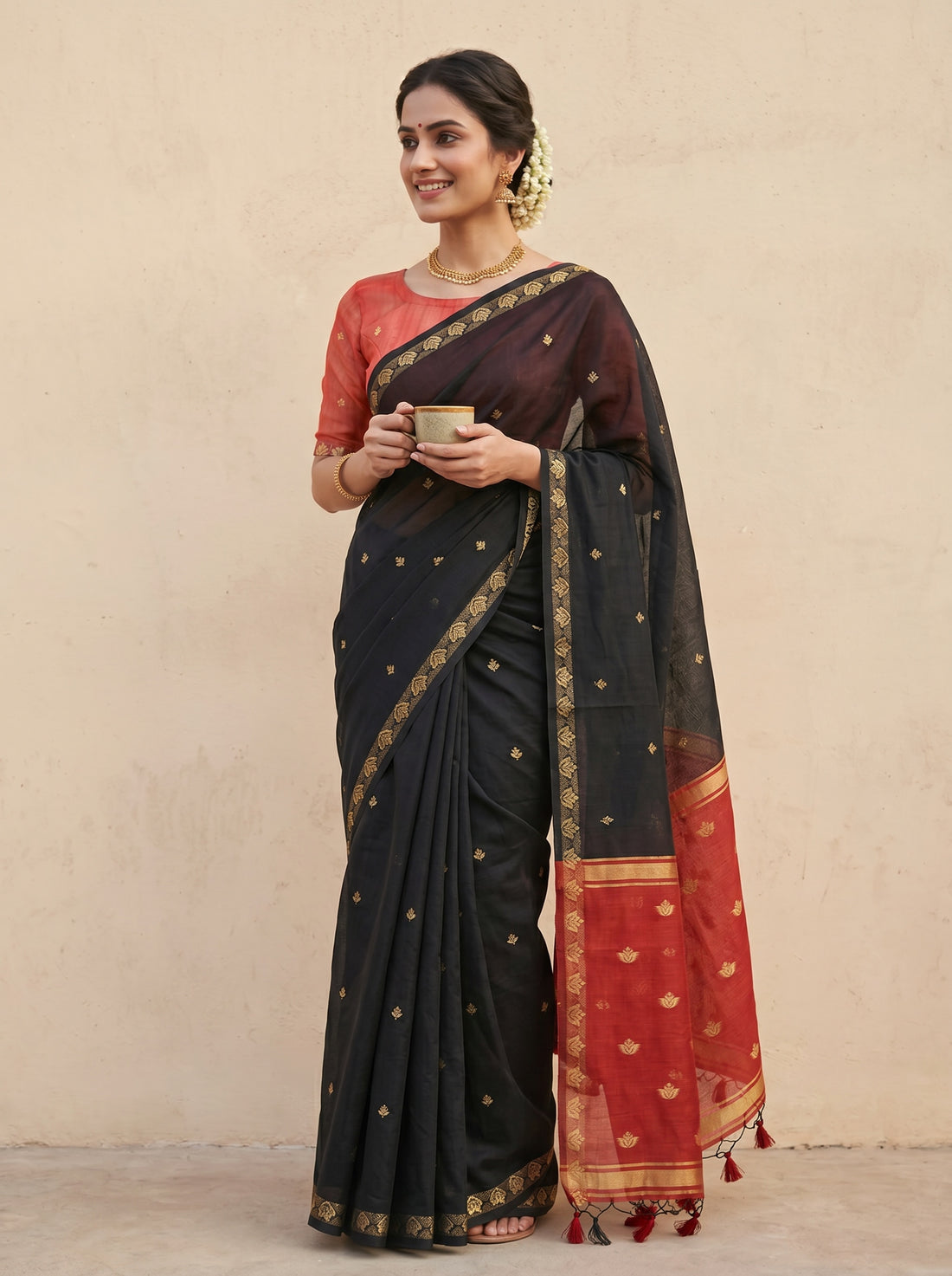 Black Red Linen Silk Weave Saree