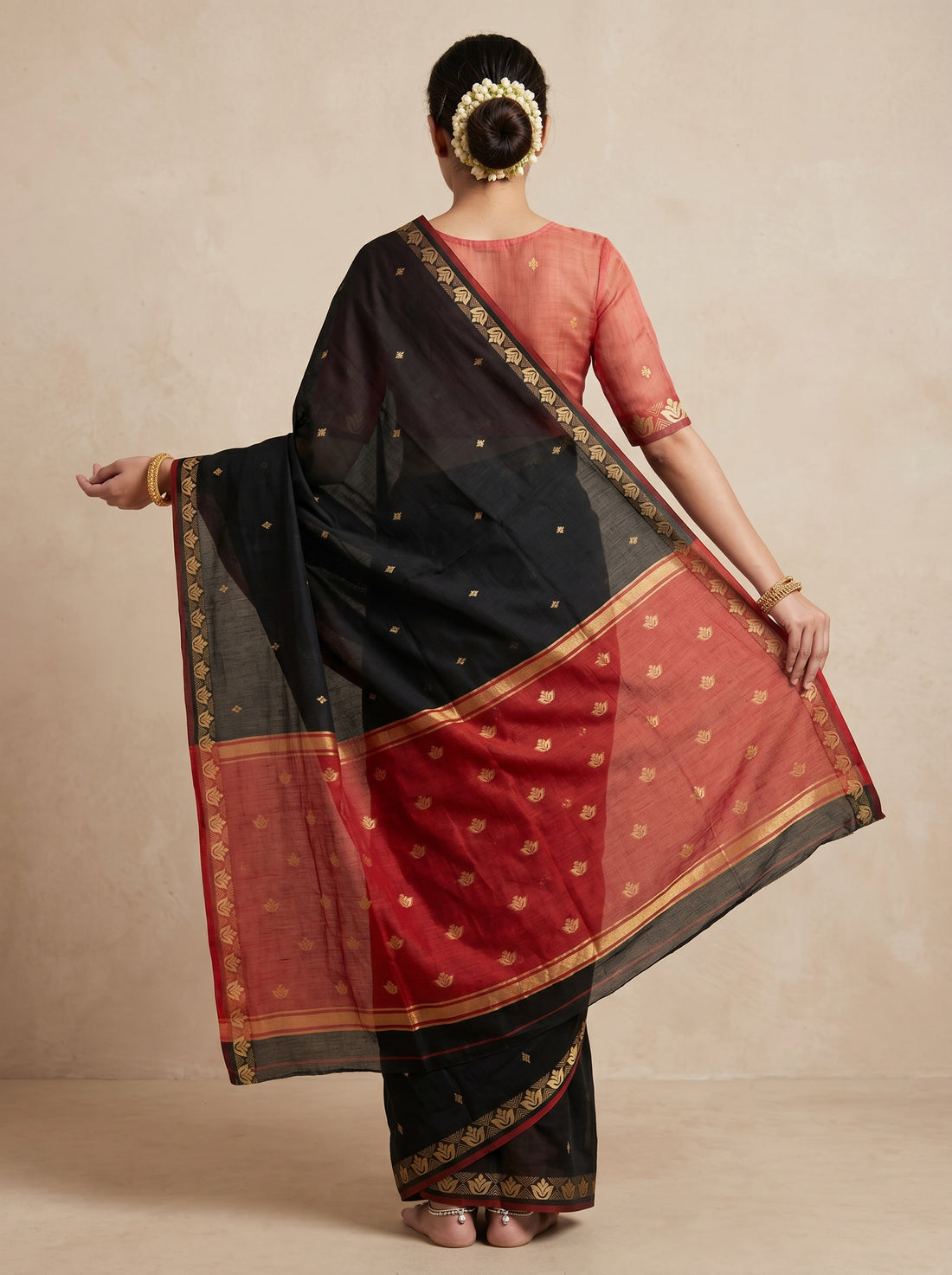 Black Red Linen Silk Weave Saree