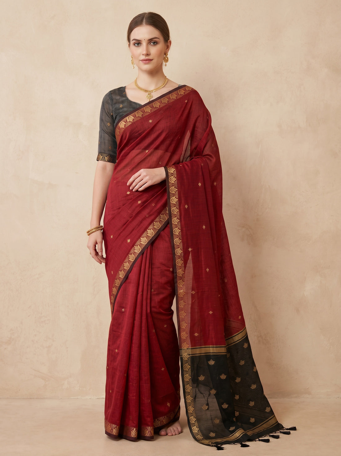 Red Linen Silk Weave Saree