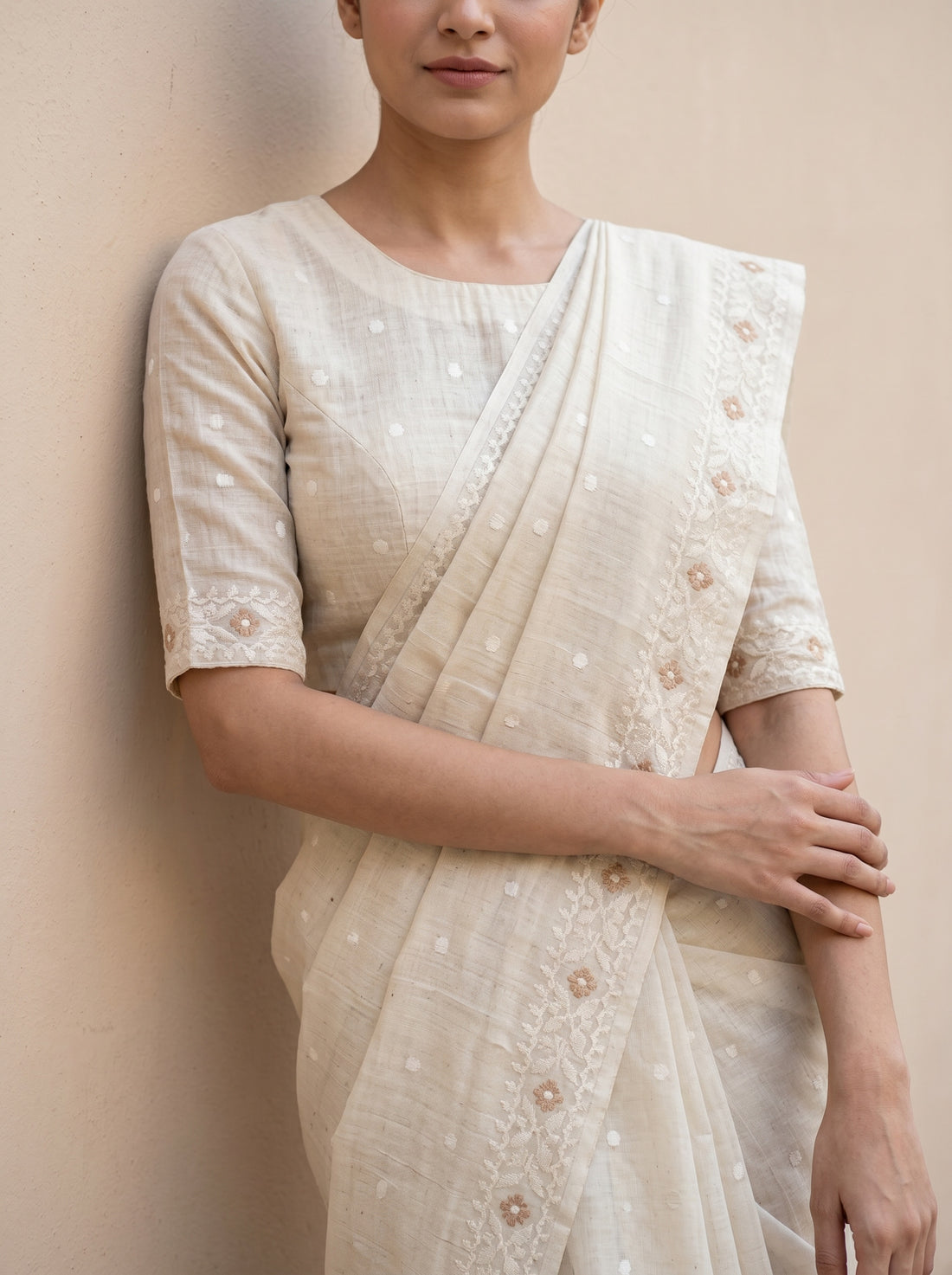 Cream Tussar Silk Weave Saree