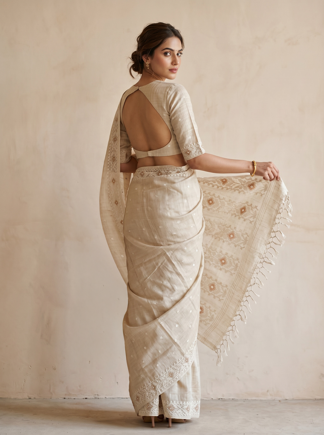 Cream Tussar Silk Weave Saree