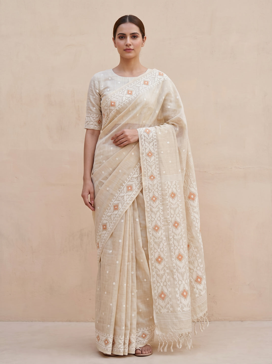 Cream Tussar Silk Weave Saree