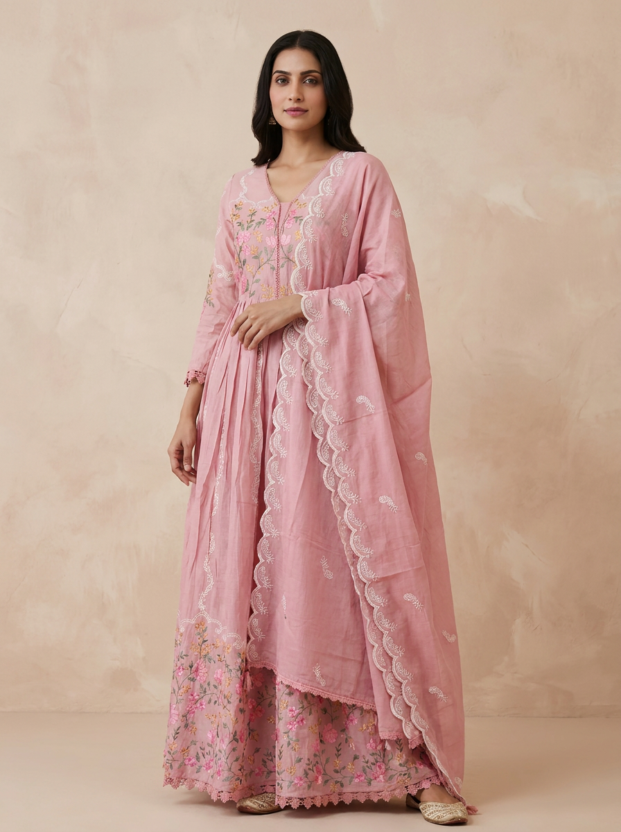 Saantha Signature|Light Pink Cotton Embroidery Kurta Set