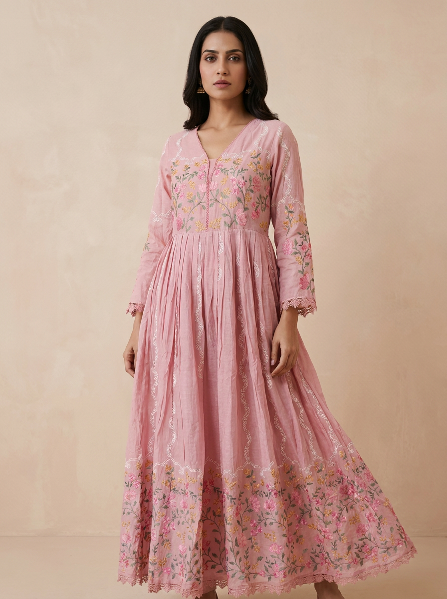 Saantha Signature|Light Pink Cotton Embroidery Kurta Set