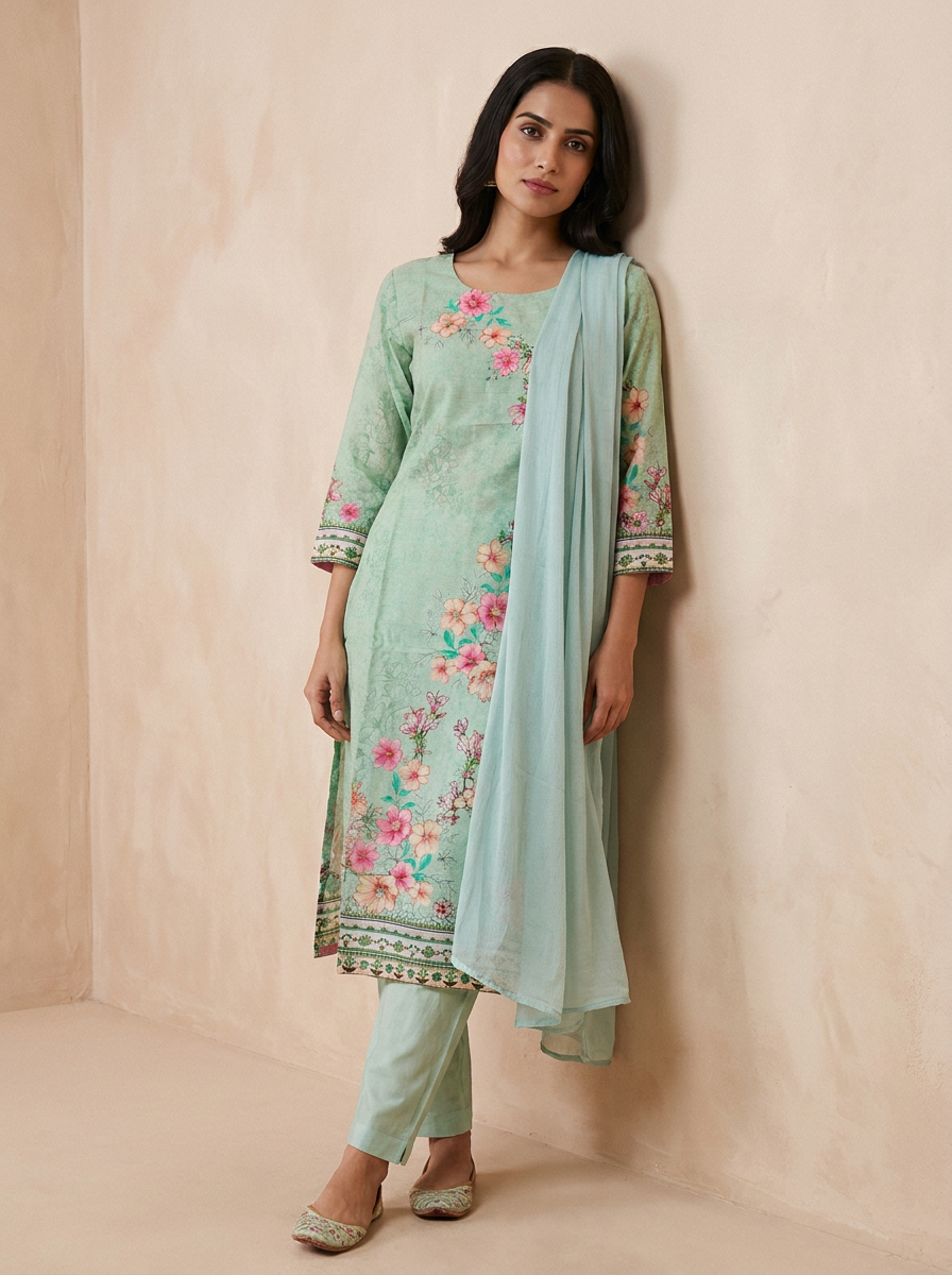Saantha Signature|Green Linen Embroidery Kurta Set