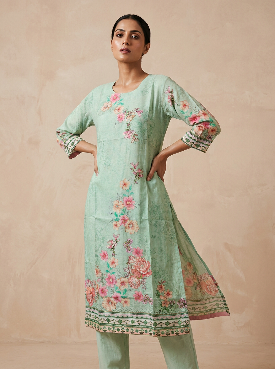 Saantha Signature|Green Linen Embroidery Kurta Set