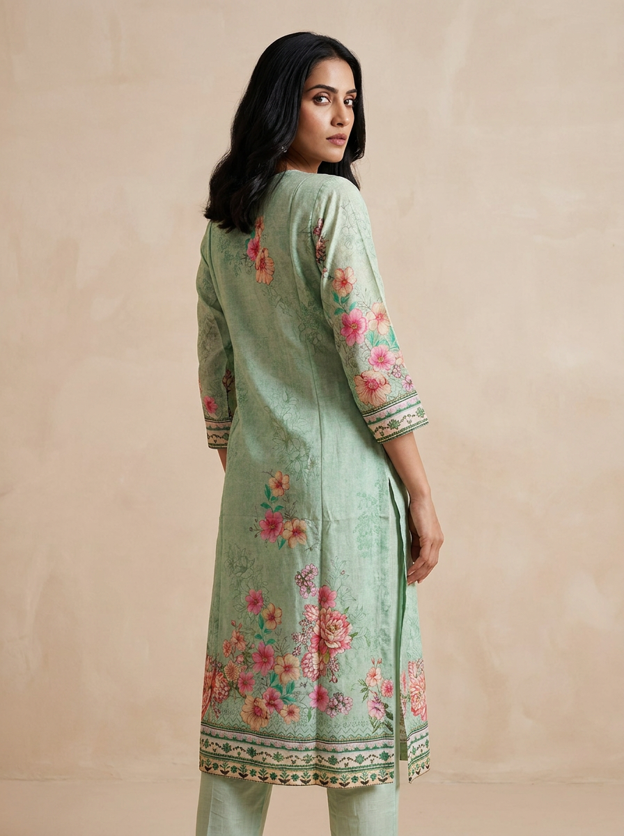 Saantha Signature|Green Linen Embroidery Kurta Set