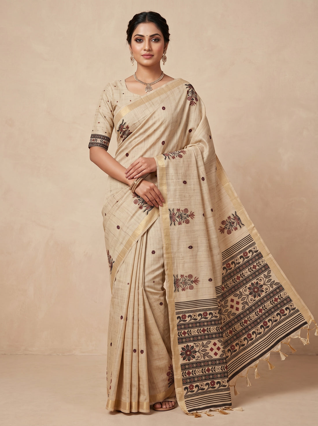 Saantha Signature|Tussar Colour Tissue Linen Print Saree