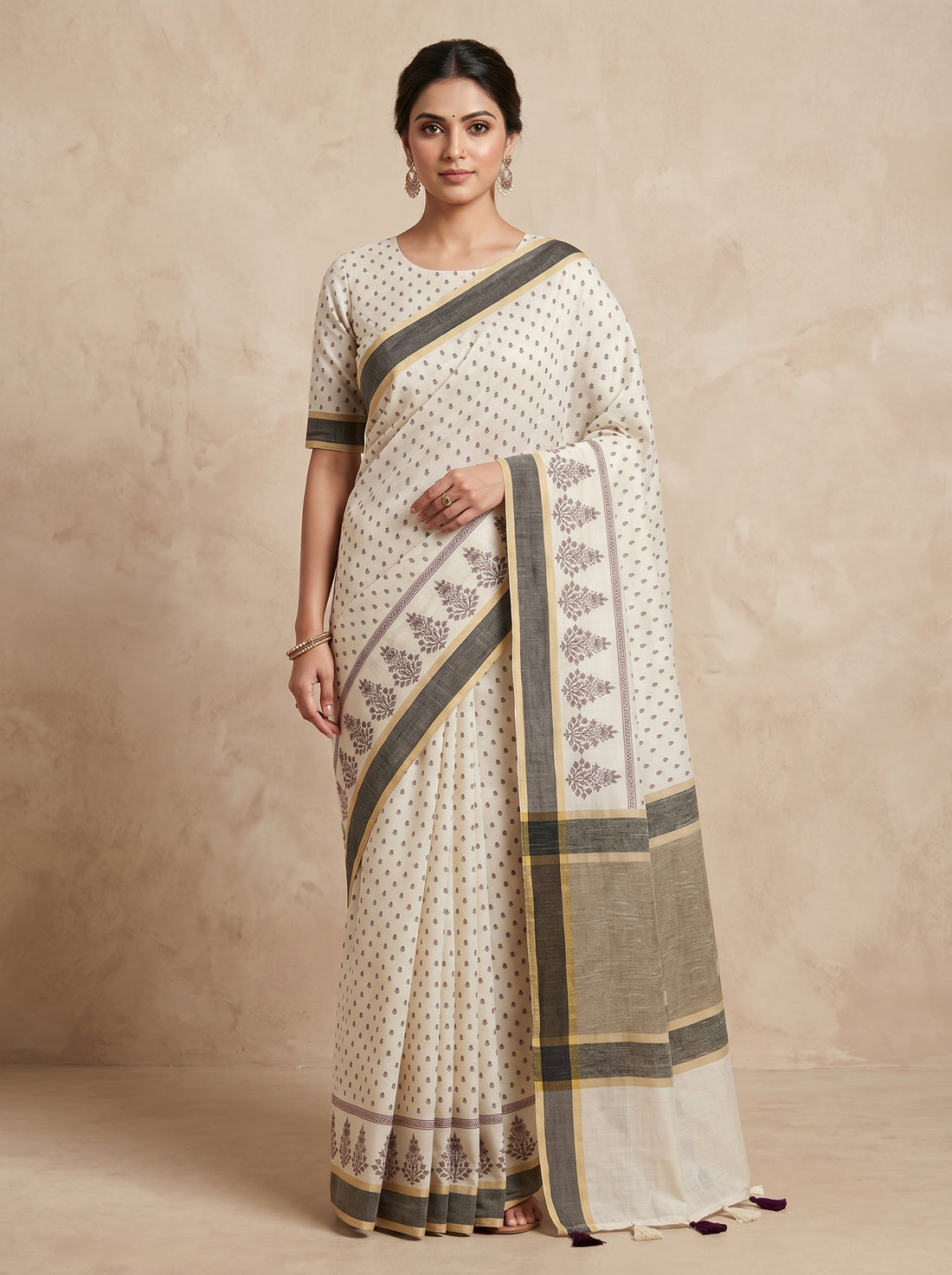 Cream Black Cotton Silk Weave Saree