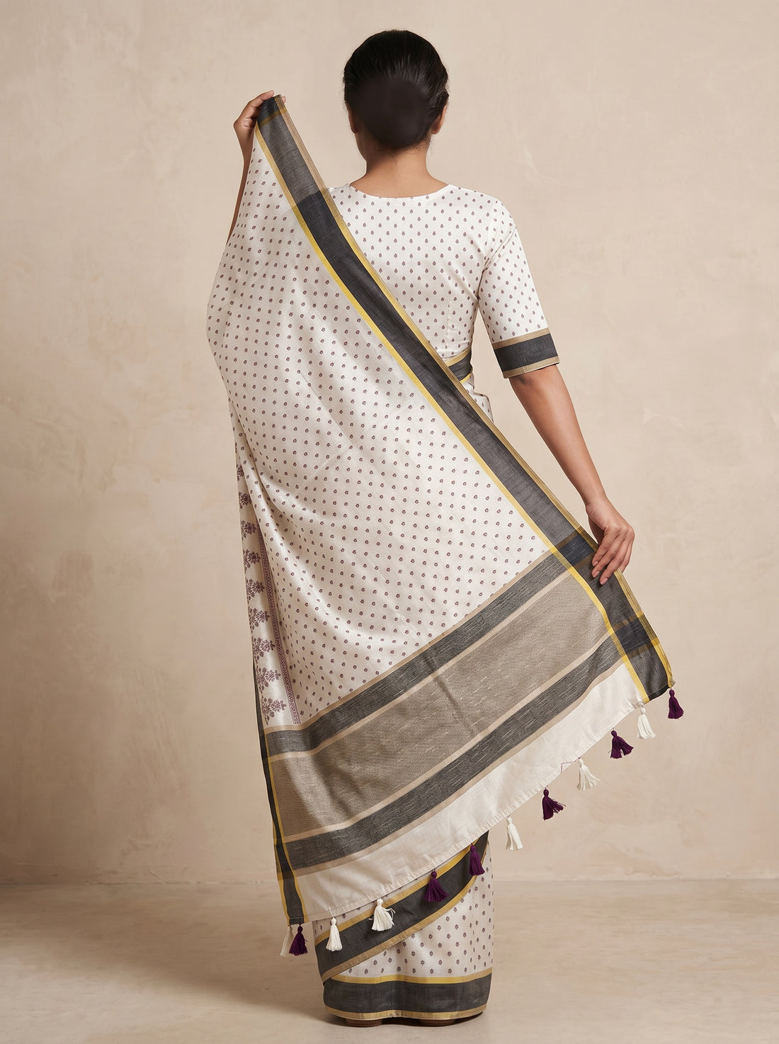 Cream Black Cotton Silk Weave Saree