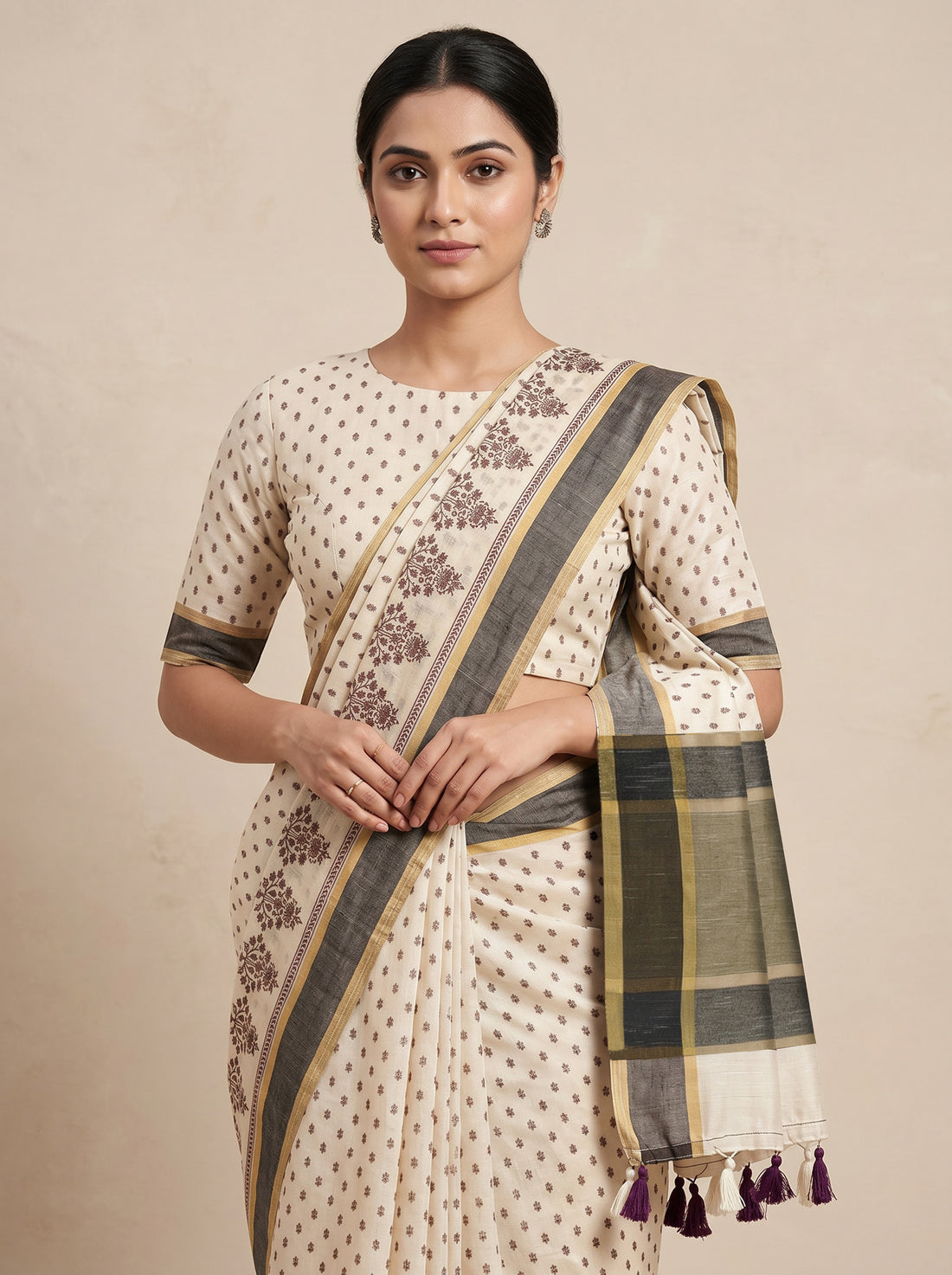 Cream Black Cotton Silk Weave Saree