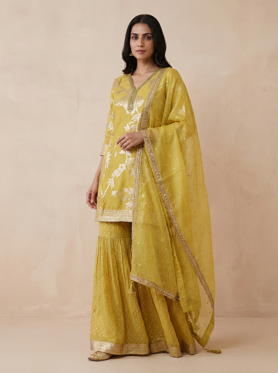 Saantha Signature|Yellow Silk Embroidery Kurta Set