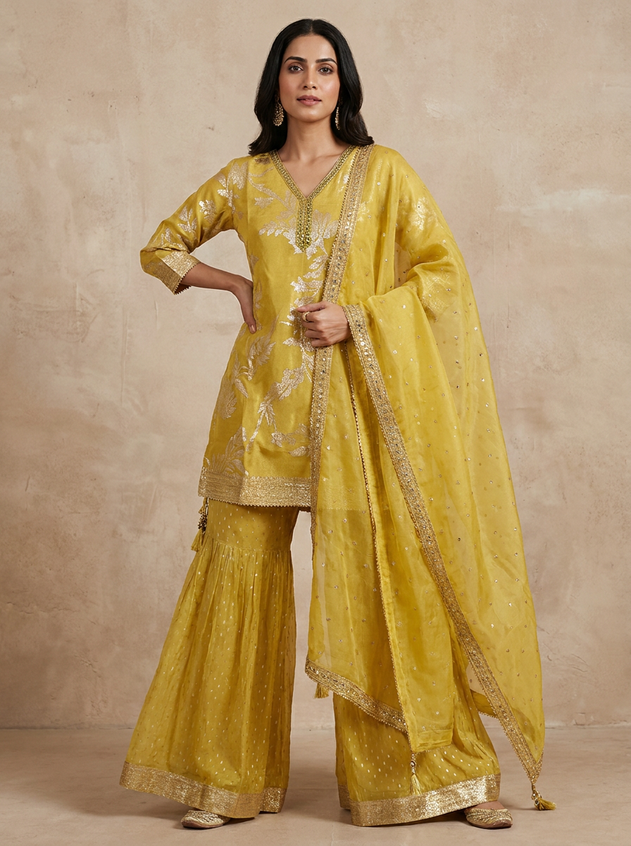 Saantha Signature|Yellow Silk Embroidery Kurta Set