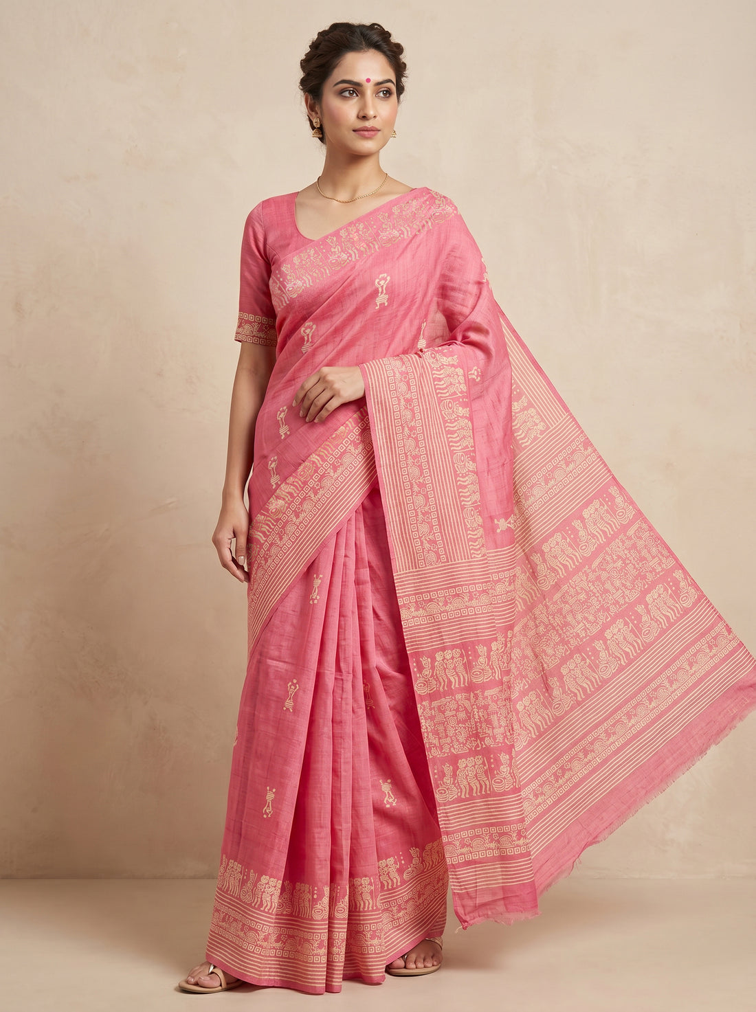 Red Tussar Silk Print Saree