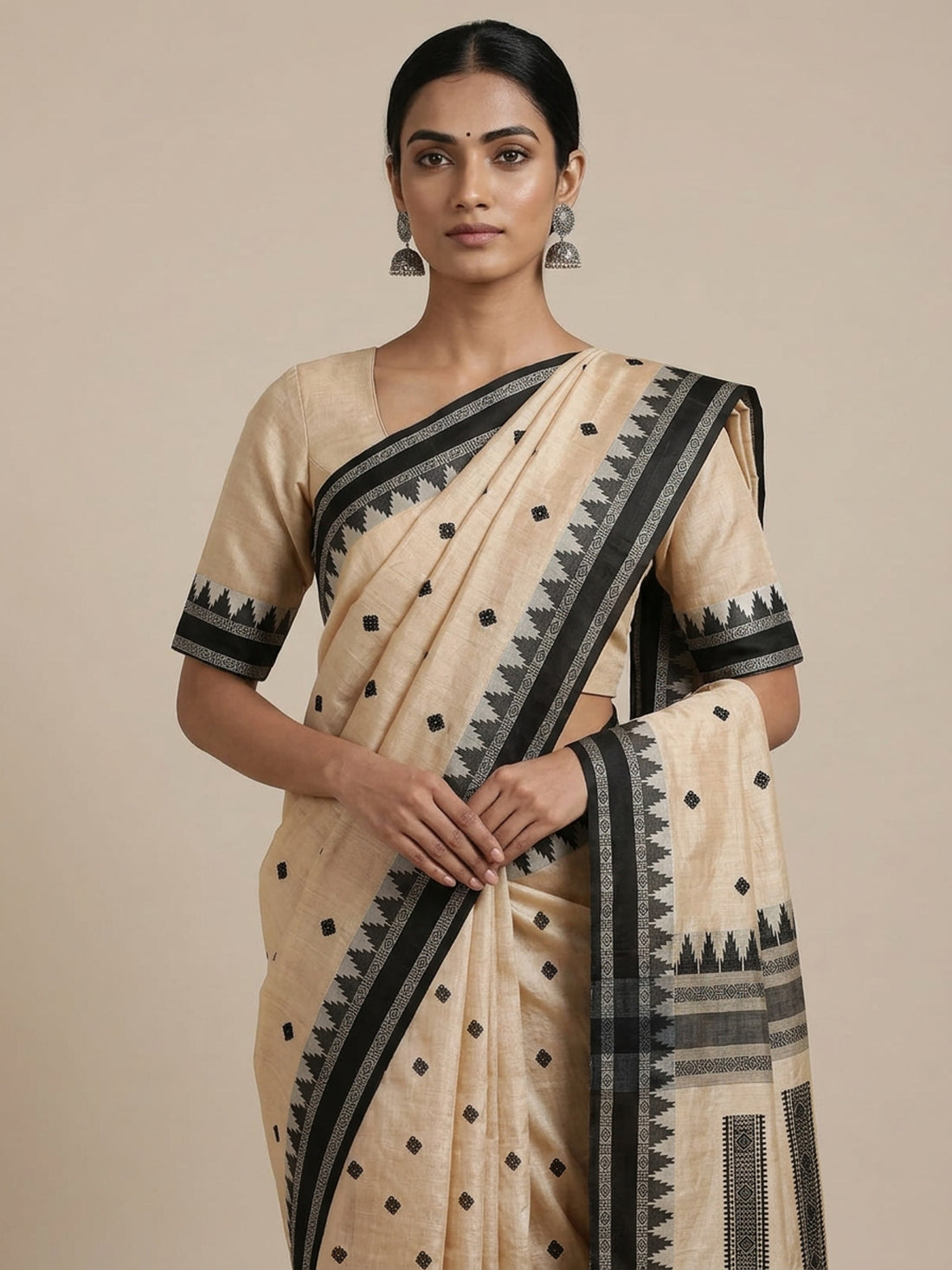 Saantha Signature|Cream Black Tussar Silk Weave Saree