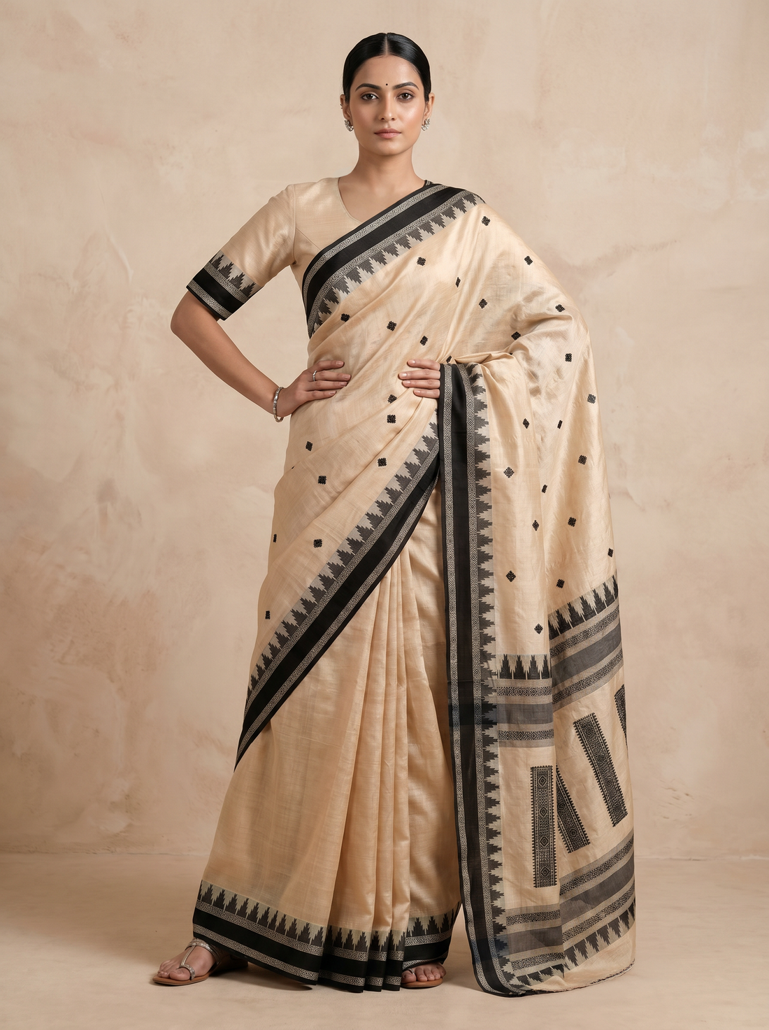 Saantha Signature|Cream Black Tussar Silk Weave Saree
