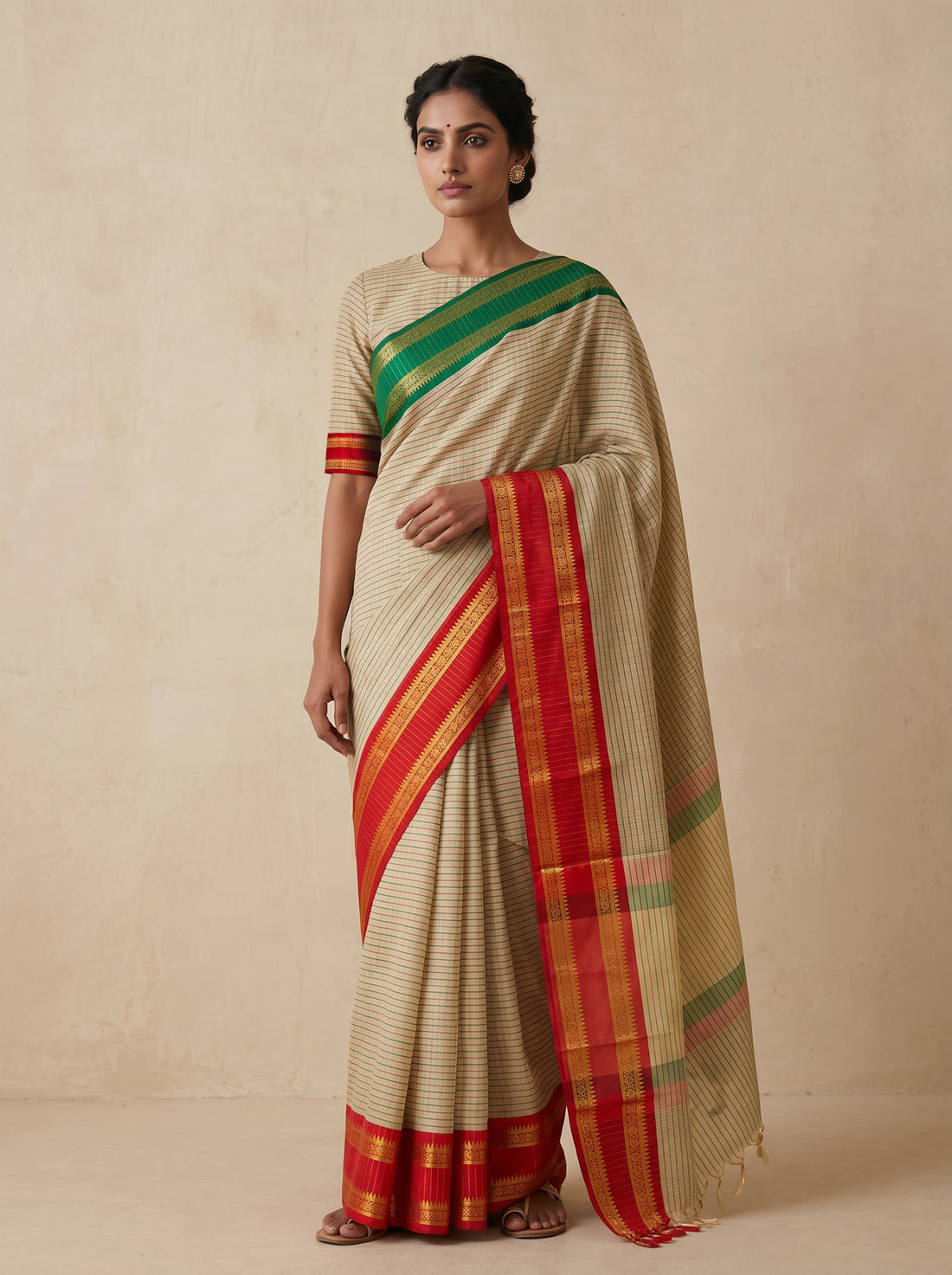 White Red Soft Silk Zari Work Saree