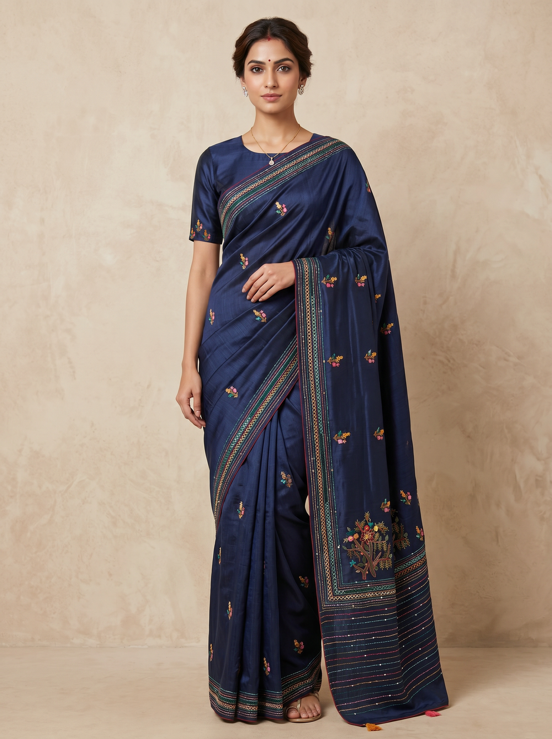 Saantha Signature|Black Semi Tassar Hand Embroidery Saree