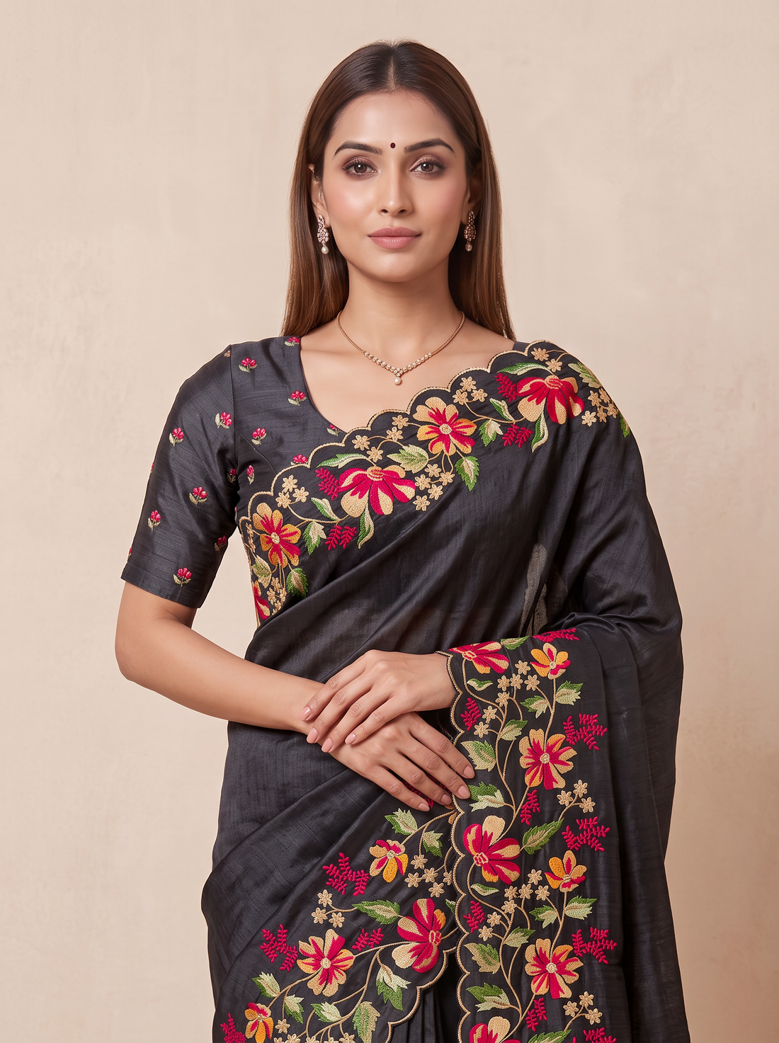Saantha Signature|Black Semi Silk Embroidery Saree