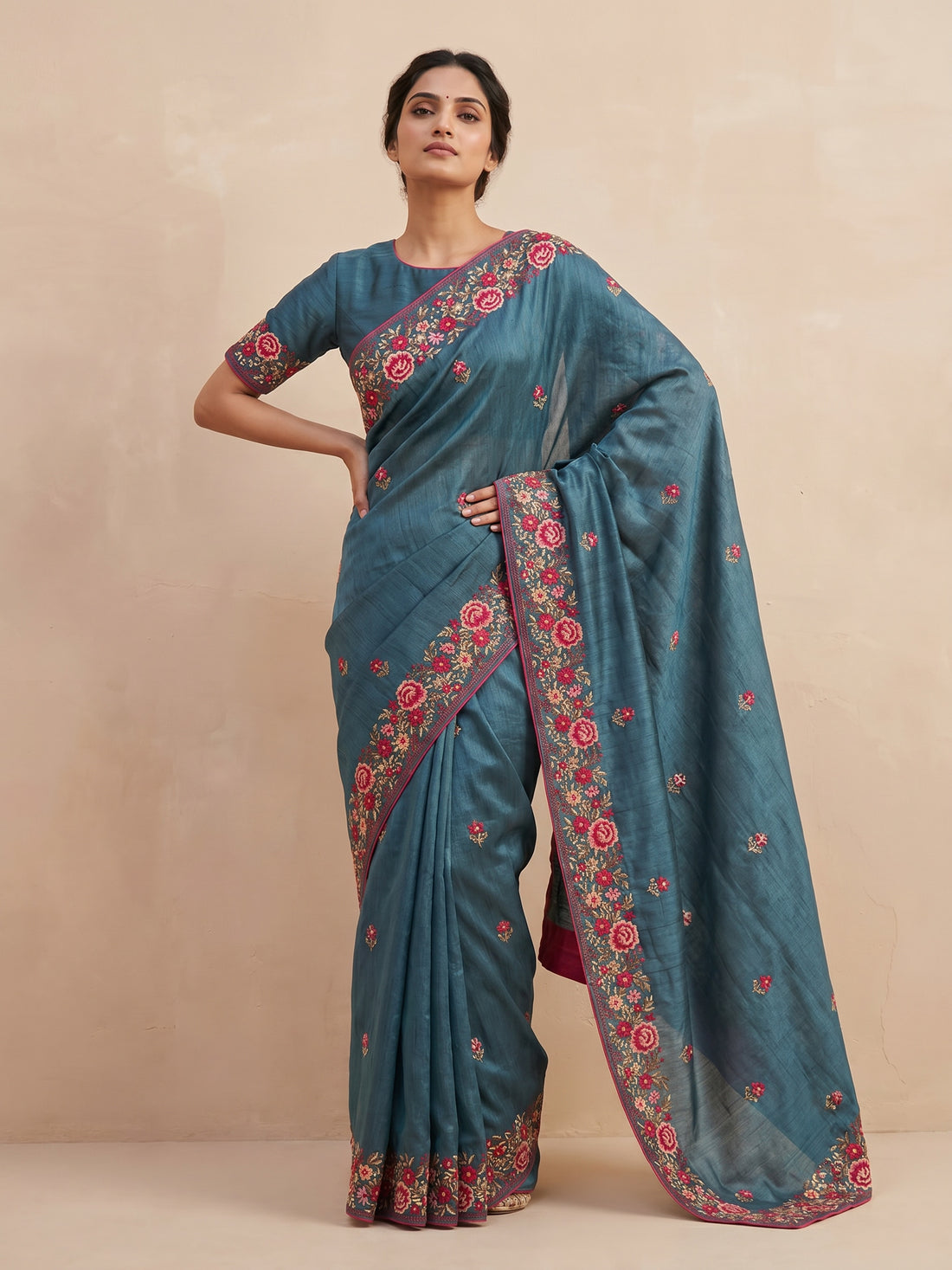 Saantha Signature|Blue Semi Silk Embroidery Saree