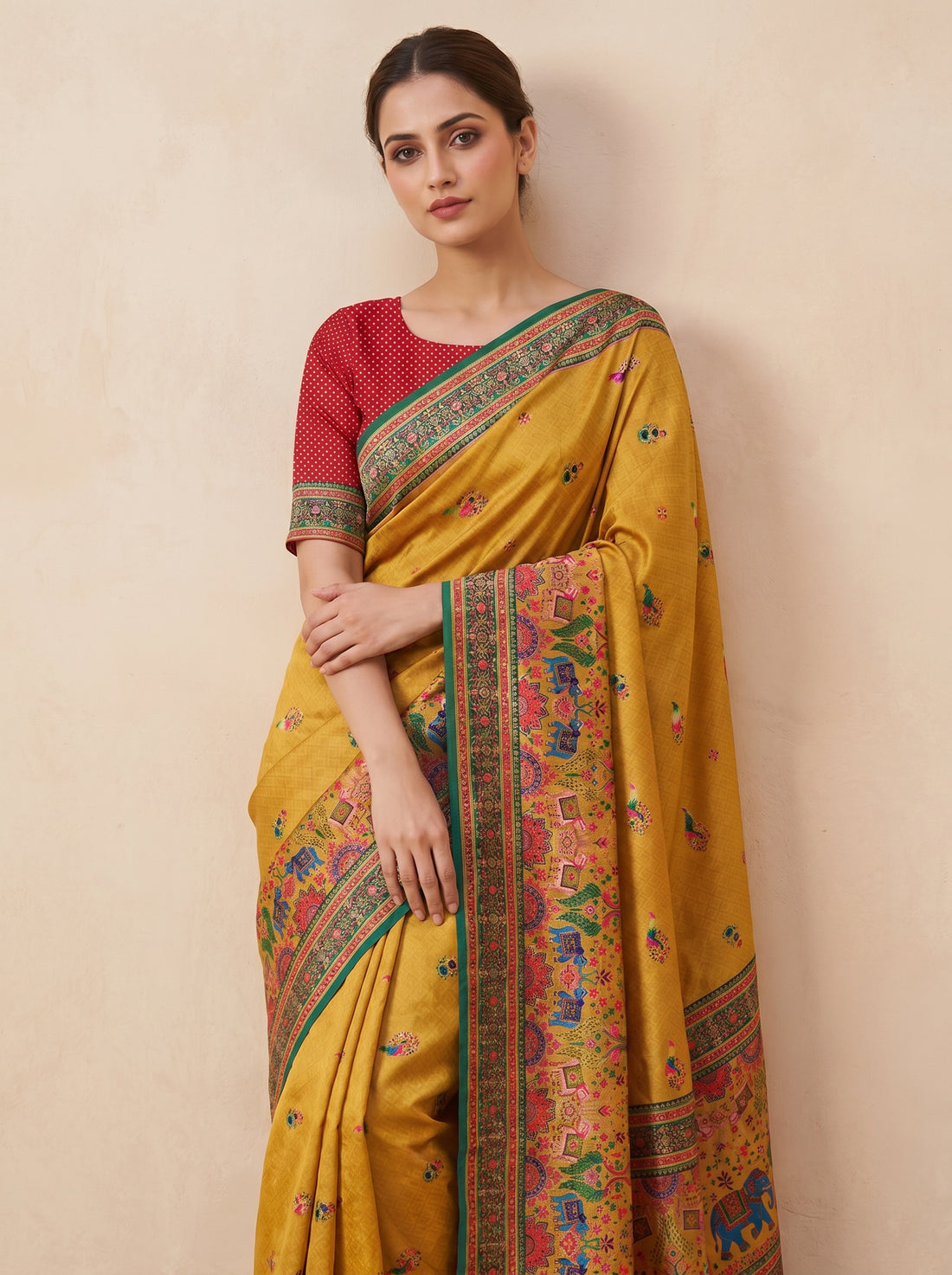 Saantha Signature|Mustard Yellow Semi Silk Embroidery Saree
