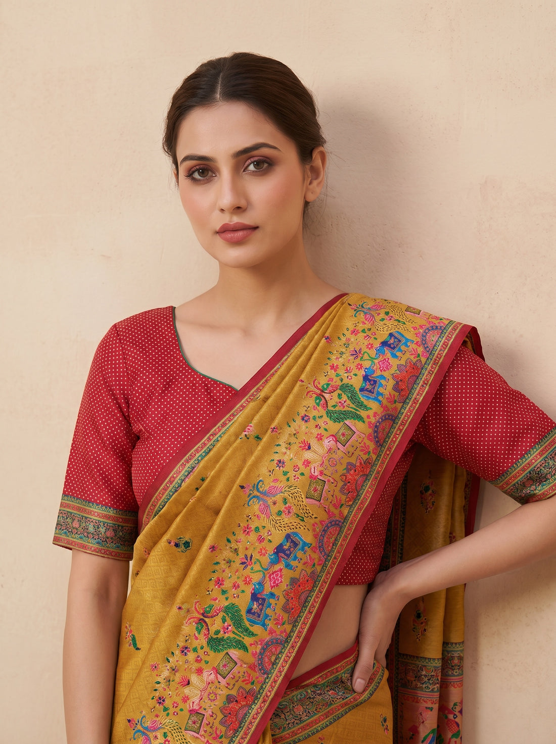Saantha Signature|Mustard Yellow Semi Silk Embroidery Saree