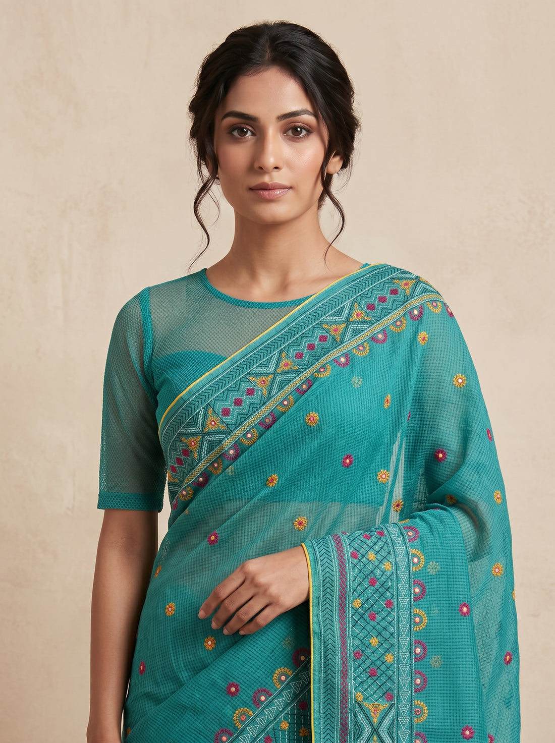 Green Kota Hand Embroidery Saree