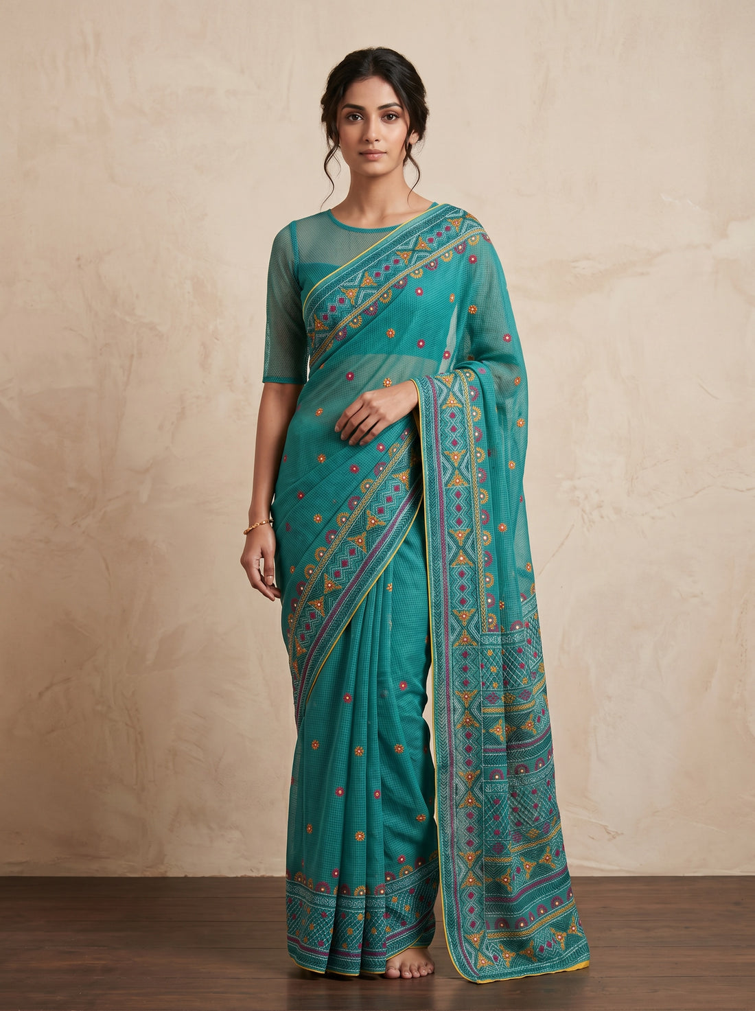 Green Kota Hand Embroidery Saree